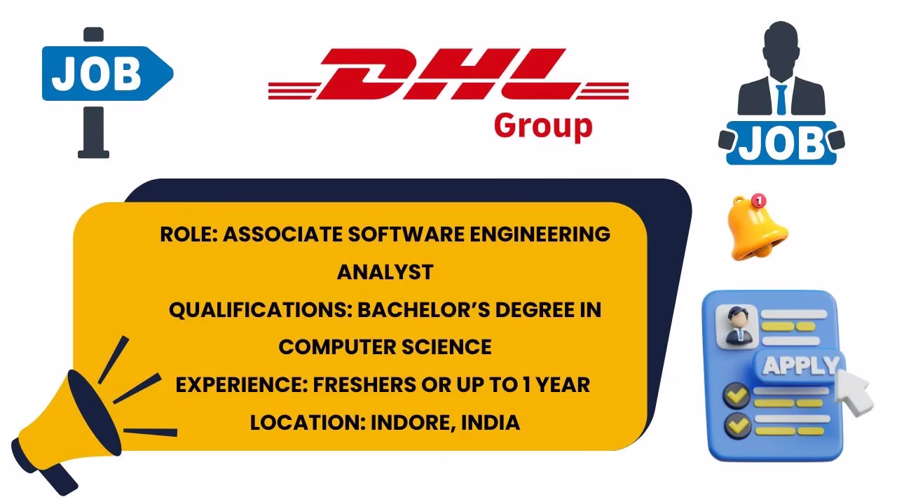 DHL job alert image for Associate Software Engineering Analyst, showing qualifications and Indore location for freshers.
