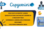 Capgemini logo with icons and text showing Data Scientist Junior role details and location in Gurgaon, India.