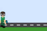 2D developer character sitting near a road holding a phone with a blue sky background.