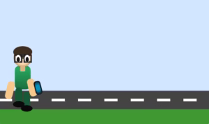 2D developer character sitting near a road holding a phone with a blue sky background.