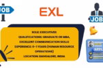 Infographic showing EXL executive job openings in Bangalore with key qualifications and application icons.