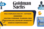 Graphic displaying Goldman Sachs logo with “Role: Compliance Analyst – Software Engineering, Location: Hyderabad, Telangana, India, Education Level: Bachelor’s or Master’s in Computer Science” alongside job icons and an apply button illustration.