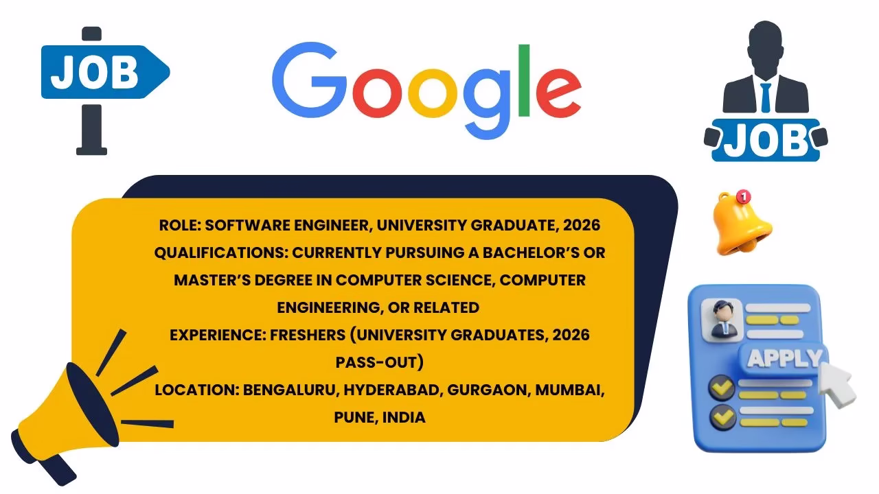 Graphic showing Google Software Engineer Internship 2026 with qualifications and multiple locations across India.