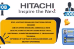 Graphic depicting Hitachi job alert for Associate Signalling Functional Design Engineer role in Bengaluru, Karnataka, India. Qualifications include Bachelor’s degree in Electrical, Electronics, Computer Engineering, IT, or related technical field, with 0-3 years experience preferred. Includes job icons and apply button illustration.