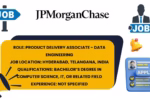 Graphic with JPMorgan Chase logo displaying job alert details: Role - Product Delivery Associate Data Engineering, Location - Hyderabad, Telangana, India, Qualifications - Bachelor’s in Computer Science or related field, Experience - Not specified, with job icons and apply button illustration.