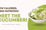 Close-up of seasoned cucumber calories slices with text overlay “Low Calories, High Nutrition”