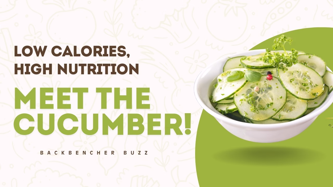 Close-up of seasoned cucumber calories slices with text overlay “Low Calories, High Nutrition”