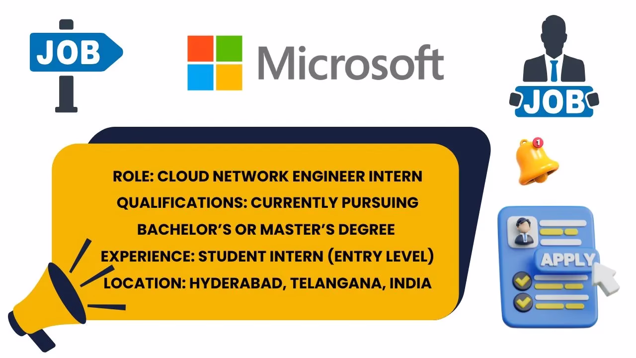 Microsoft Cloud Network Engineer Intern job post showing student eligibility and Hyderabad location.
