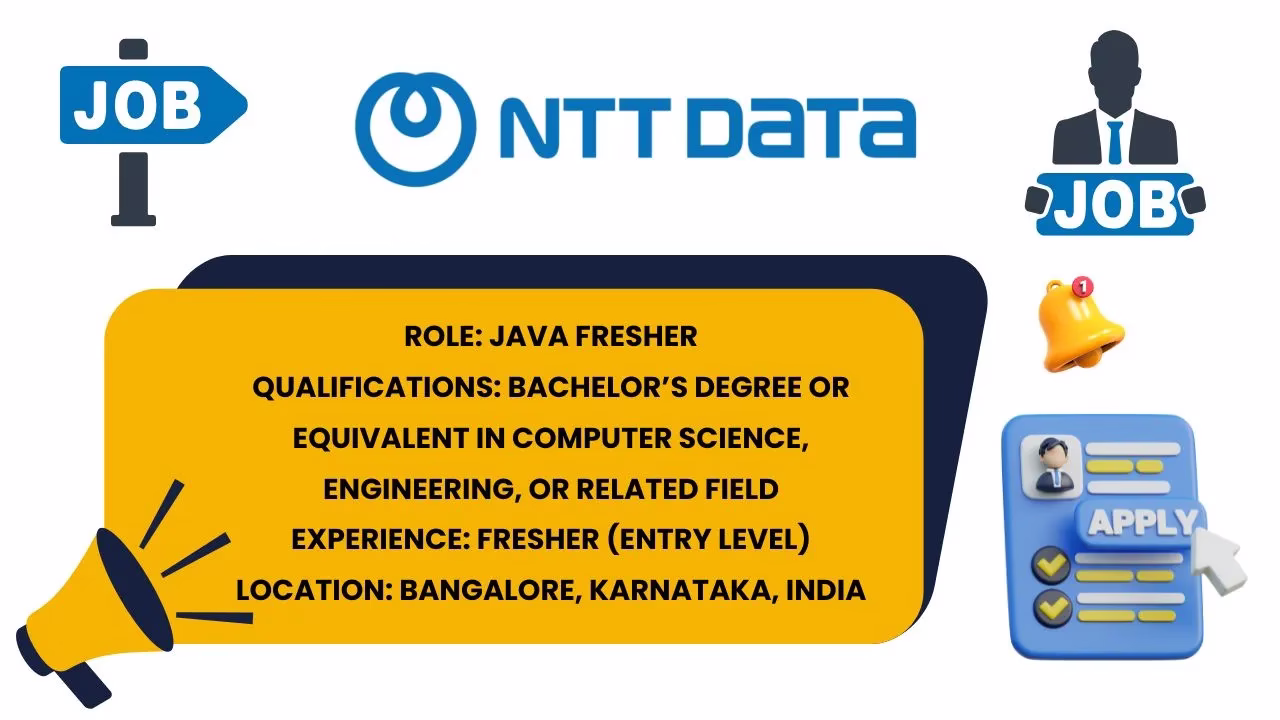 NTT DATA Java Fresher job listing showing required degree, entry-level experience, and Bangalore location.