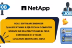 NetApp job posting graphic for Software Engineer position in Bengaluru, India requiring B.Tech and 0-2 years experience