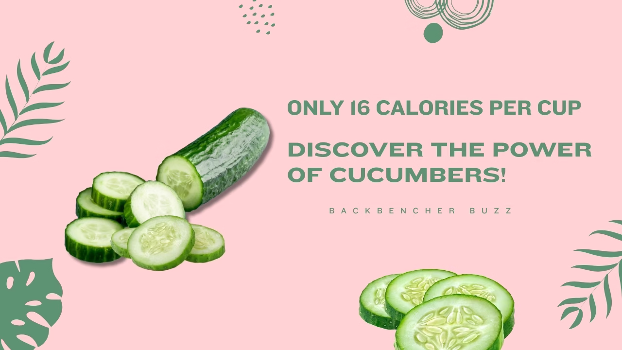 Sliced cucumber calories pieces in a bowl with text overlay “Only 16 Calories Per Cup”