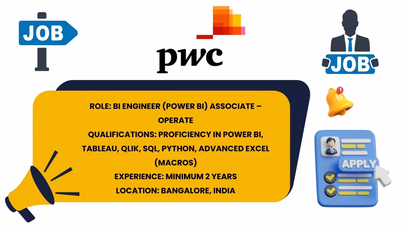 Infographic detailing PwC BI Engineer (Power BI) Associate role with skills, experience, and Bangalore location.
