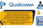Qualcomm logo with yellow panel listing fresh graduate engineer roles and qualifications across major Indian tech hubs.
