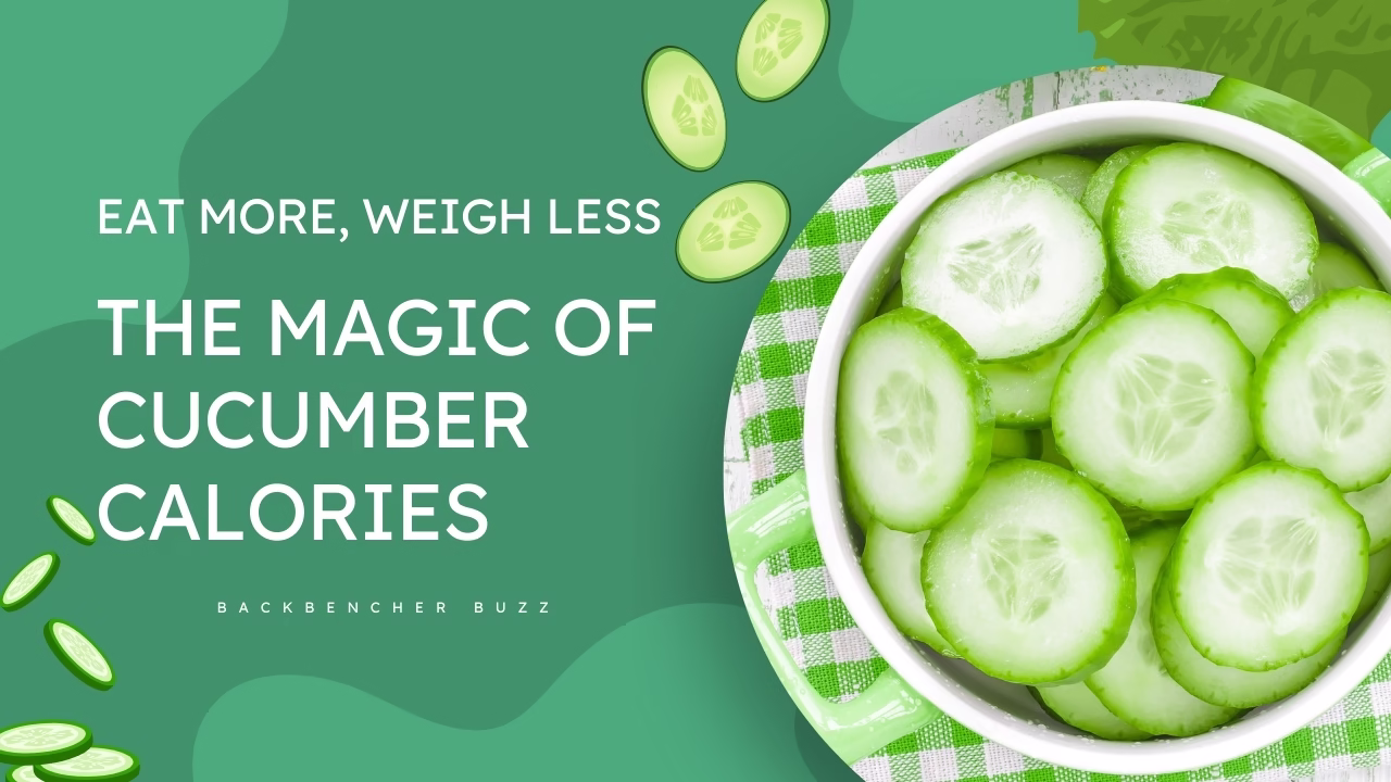 Fresh cucumber salad in a bowl with text overlay “The Magic of Cucumber Calories”