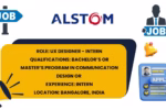 Alstom logo with job icons and text detailing UX Designer Intern role, qualifications, and Bangalore location.