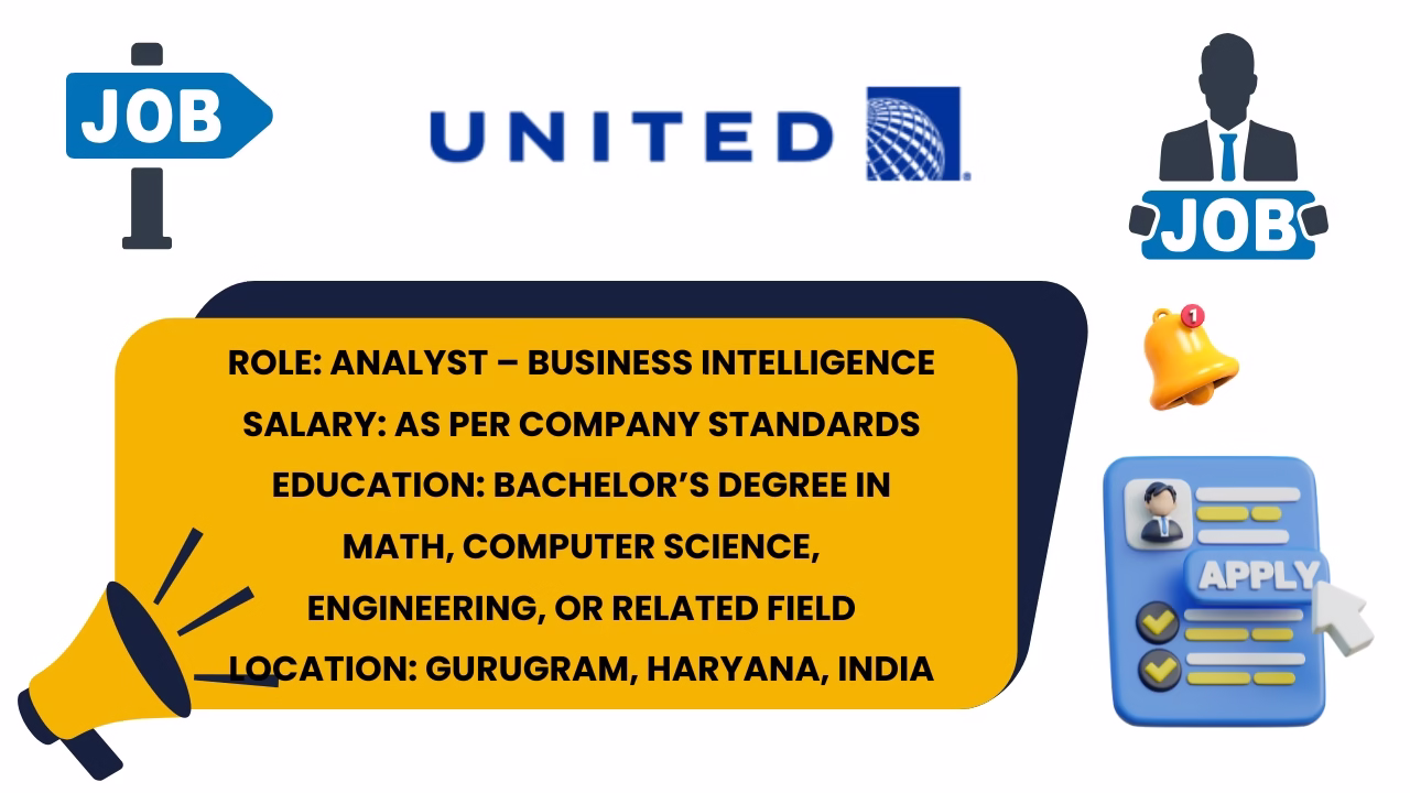 United Airlines Analyst – Business Intelligence job opening infographic showing salary, education, and location details for Gurugram India.
