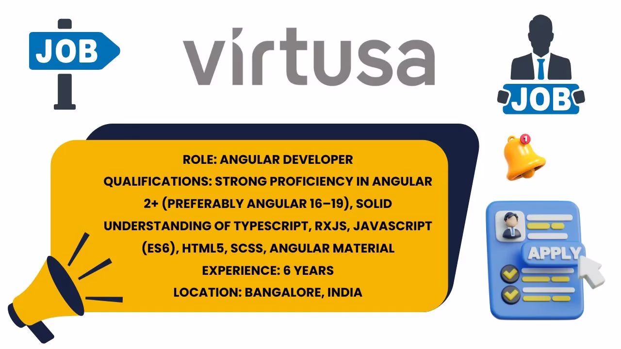 Virtusa logo with graphic panel detailing Angular Developer role, qualifications, 6 years experience, Bangalore.