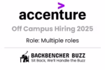 Accenture Off Campus Hiring 2025 with multiple roles, Backbencher Buzz logo and slogan displayed.