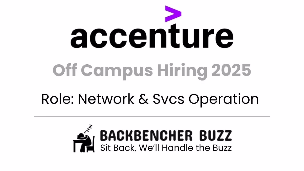 Accenture Off Campus Hiring 2025 for Network & Svcs Operation role, featuring Backbencher Buzz branding.