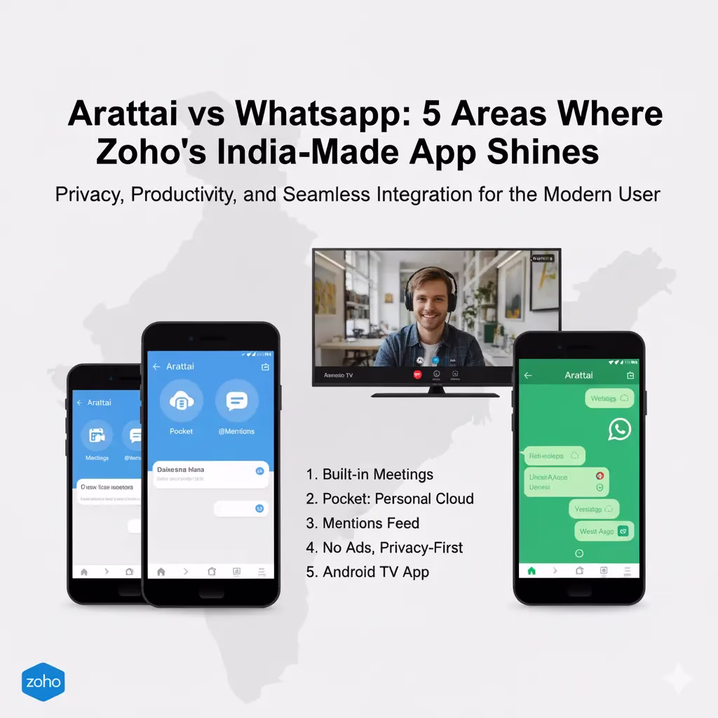 Comparison graphic showing Arattai and WhatsApp UIs with five highlighted Arattai features.