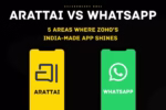 Graphic showing Arattai and WhatsApp logos with a title highlighting five areas where Arattai excels.