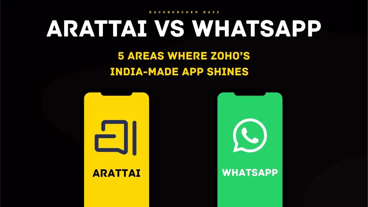 Graphic showing Arattai and WhatsApp logos with a title highlighting five areas where Arattai excels.