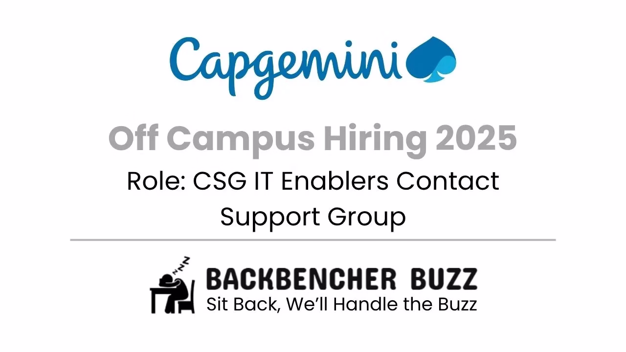 Capgemini Off Campus Hiring 2025 banner for CSG IT Enablers Contact Support Group with Backbencher Buzz branding.
