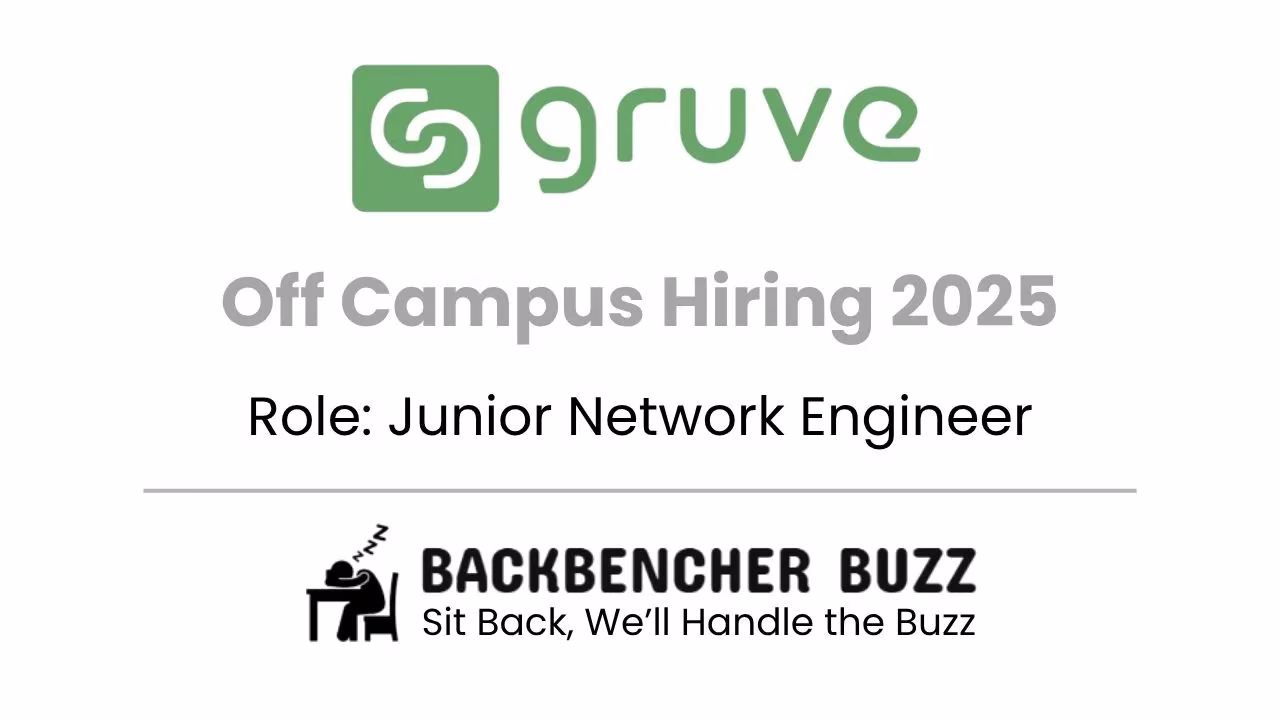 Gruve Off Campus Hiring 2025 poster for Junior Network Engineer role with Backbencher Buzz branding.