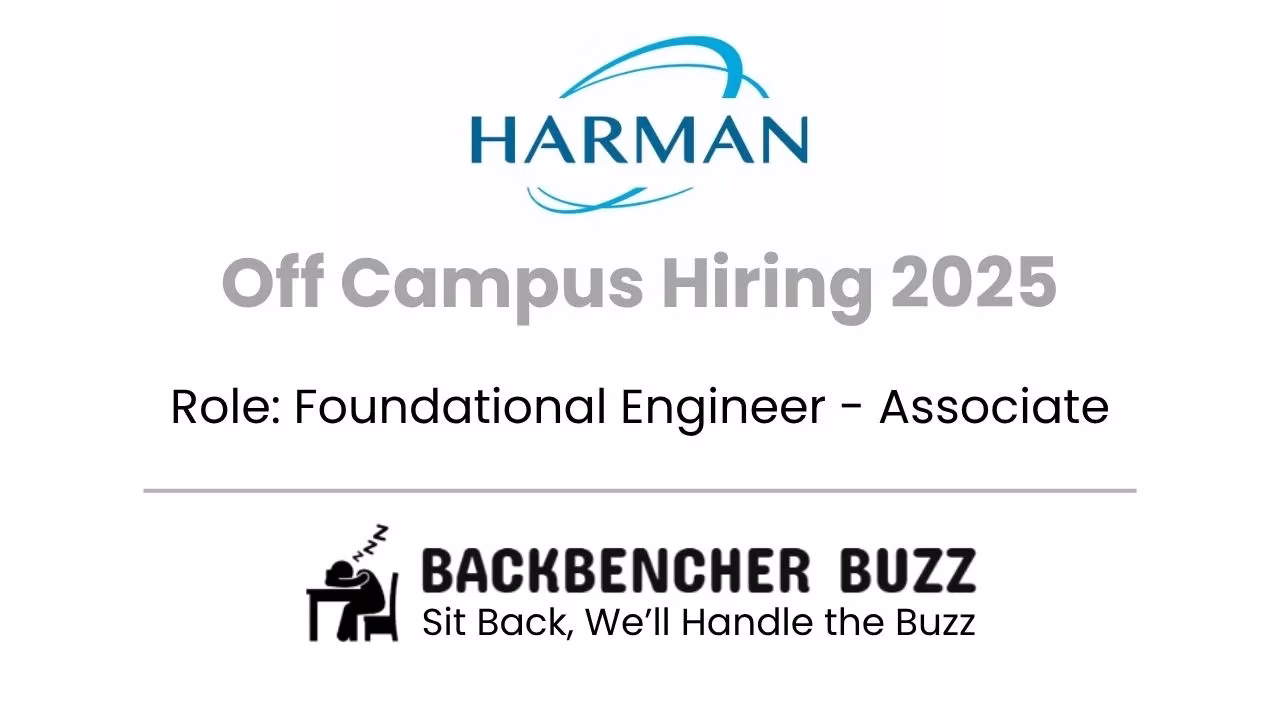Harman Off Campus Hiring 2025 banner for Foundational Engineer Associate role, posted by Backbencher Buzz.