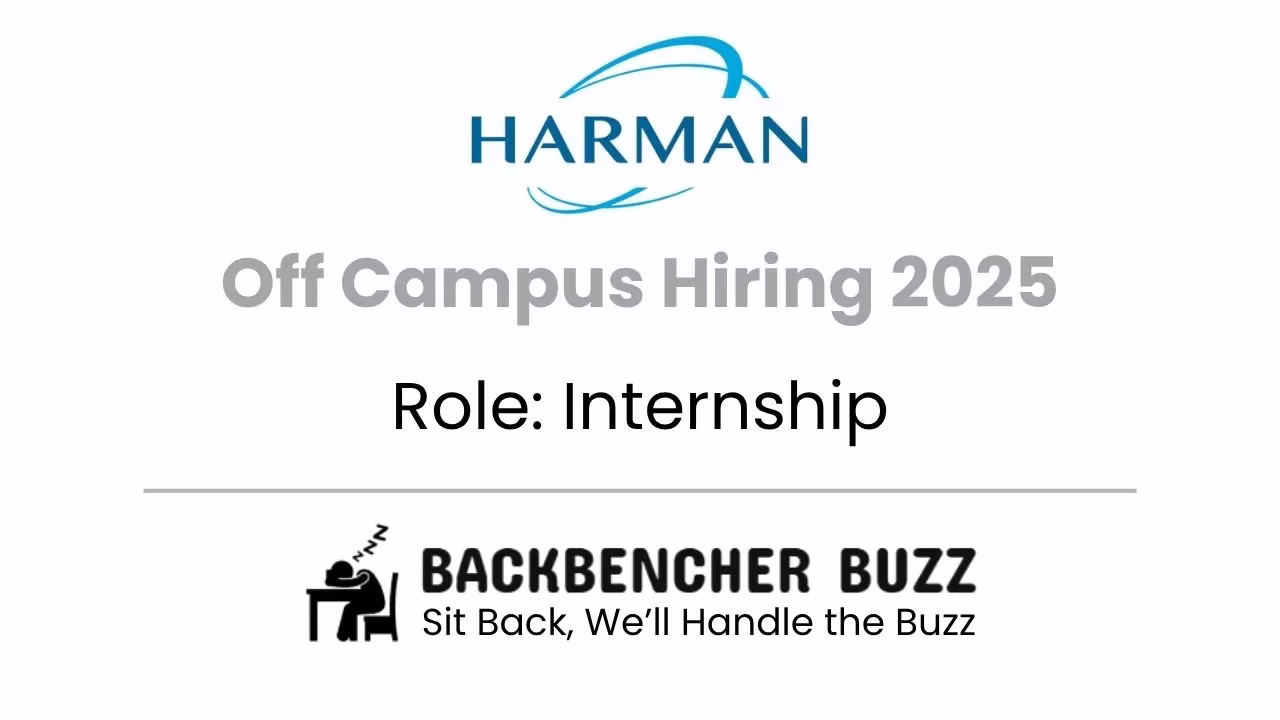 Harman Off Campus Hiring 2025 visual, advertising internship roles with Backbencher Buzz logo and tagline.