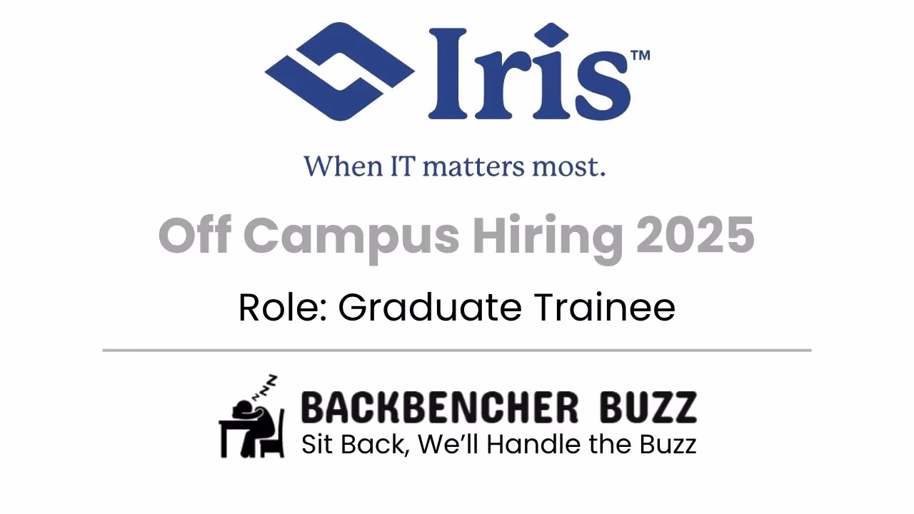 Iris Software Off Campus Hiring 2025 banner for Graduate Trainee role with Backbencher Buzz logo.
