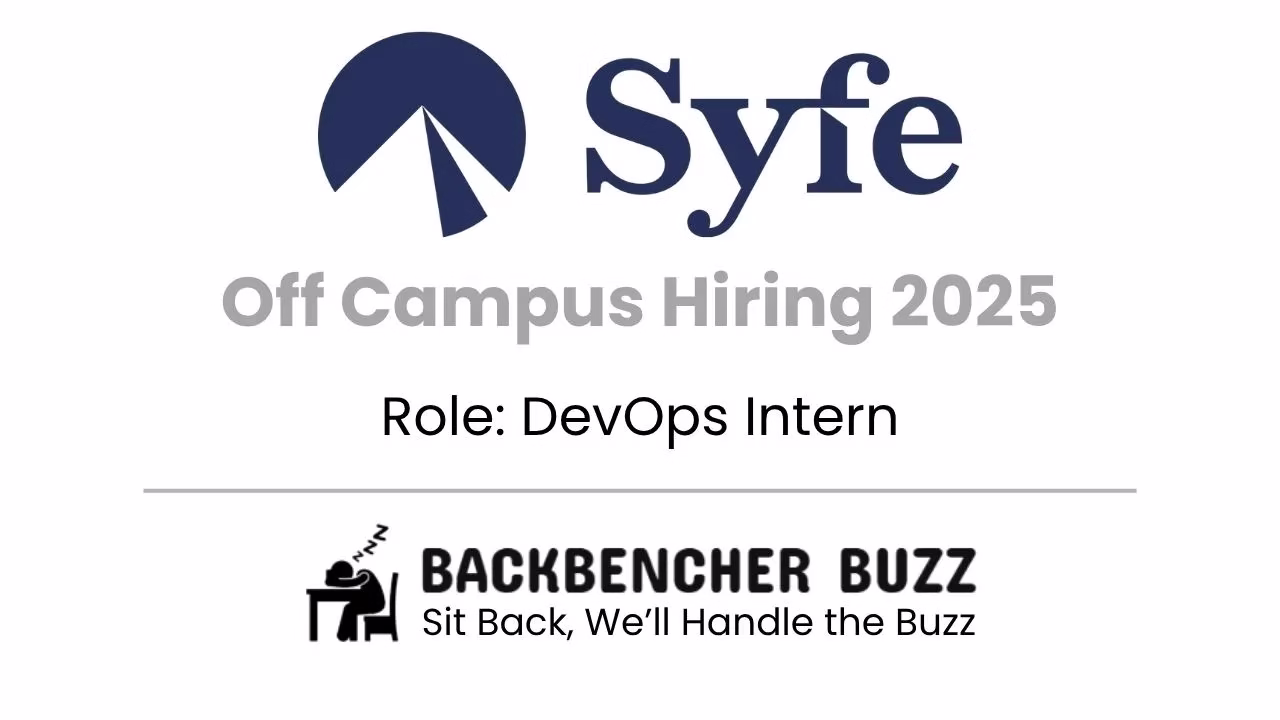 Syfe Off Campus Hiring 2025 banner for DevOps Intern position featuring Backbencher Buzz logo.