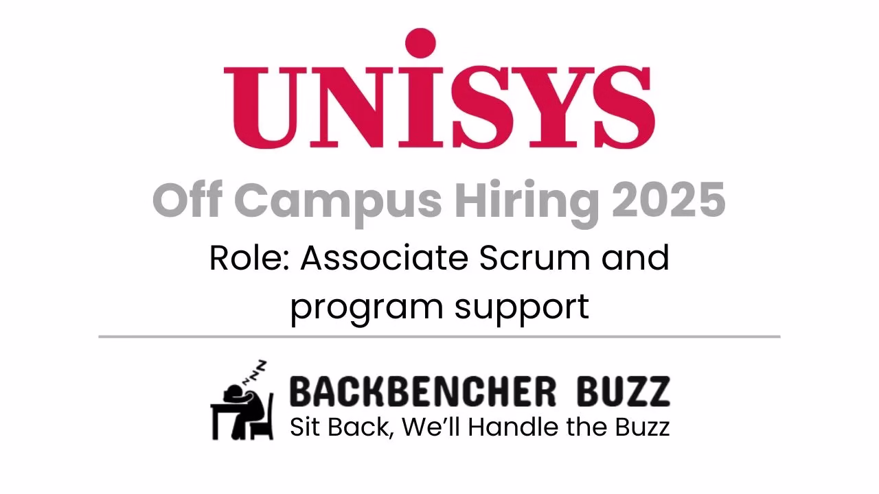Unisys Off Campus Hiring 2025, Associate Scrum and program support, Backbencher Buzz logo at bottom.