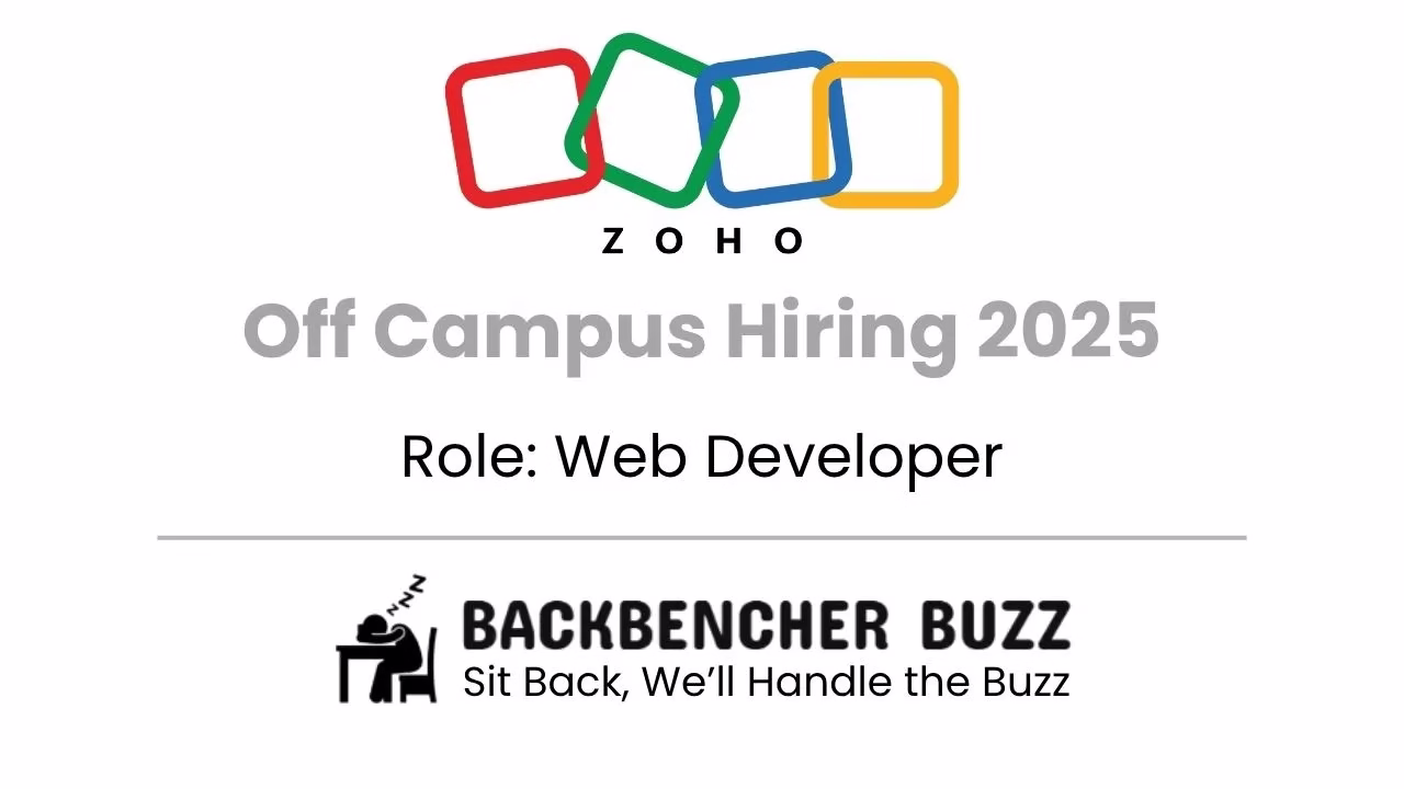 Zoho Off Campus Hiring 2025 banner for Web Developer jobs, with Backbencher Buzz branding.