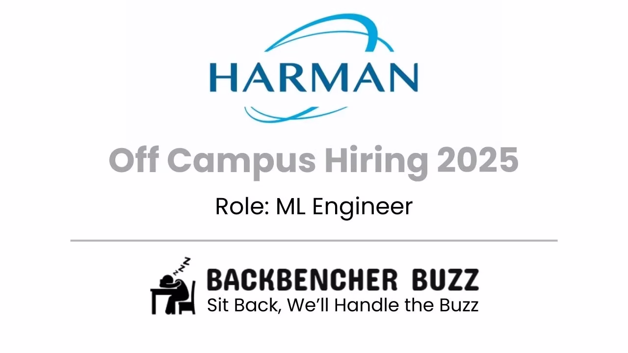 Harman Off Campus Hiring 2025 banner for ML Engineer role with Backbencher Buzz branding.