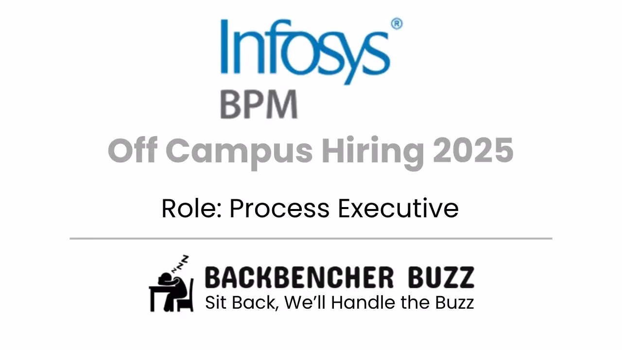 Infosys BPM Off Campus Hiring 2025 for Process Executive with Backbencher Buzz branding.
