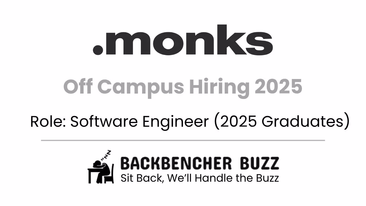 Monks Off Campus Hiring 2025 for Software Engineer (2025 Graduates), with Backbencher Buzz branding.