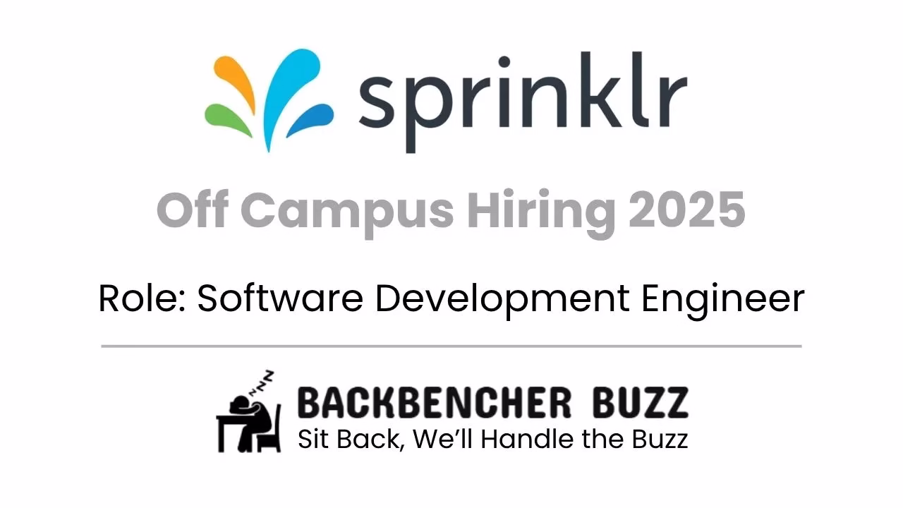 Sprinklr Off Campus Hiring 2025 announcement for Software Development Engineer role, co-branded with Backbencher Buzz logo and tagline.