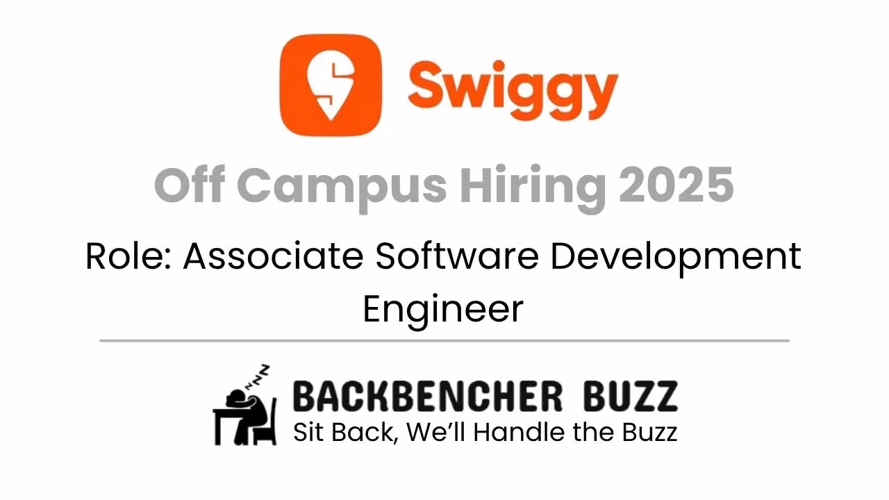 Swiggy Off Campus Hiring 2025 for Associate Software Development Engineer, with Backbencher Buzz branding.