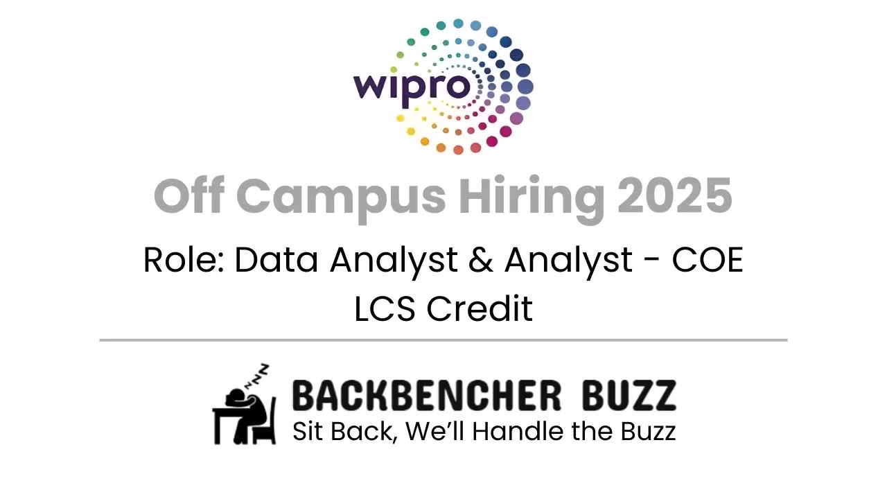Wipro Off Campus Hiring 2025 graphic for Data Analyst and COE LCS Credit roles, Backbencher Buzz branding.