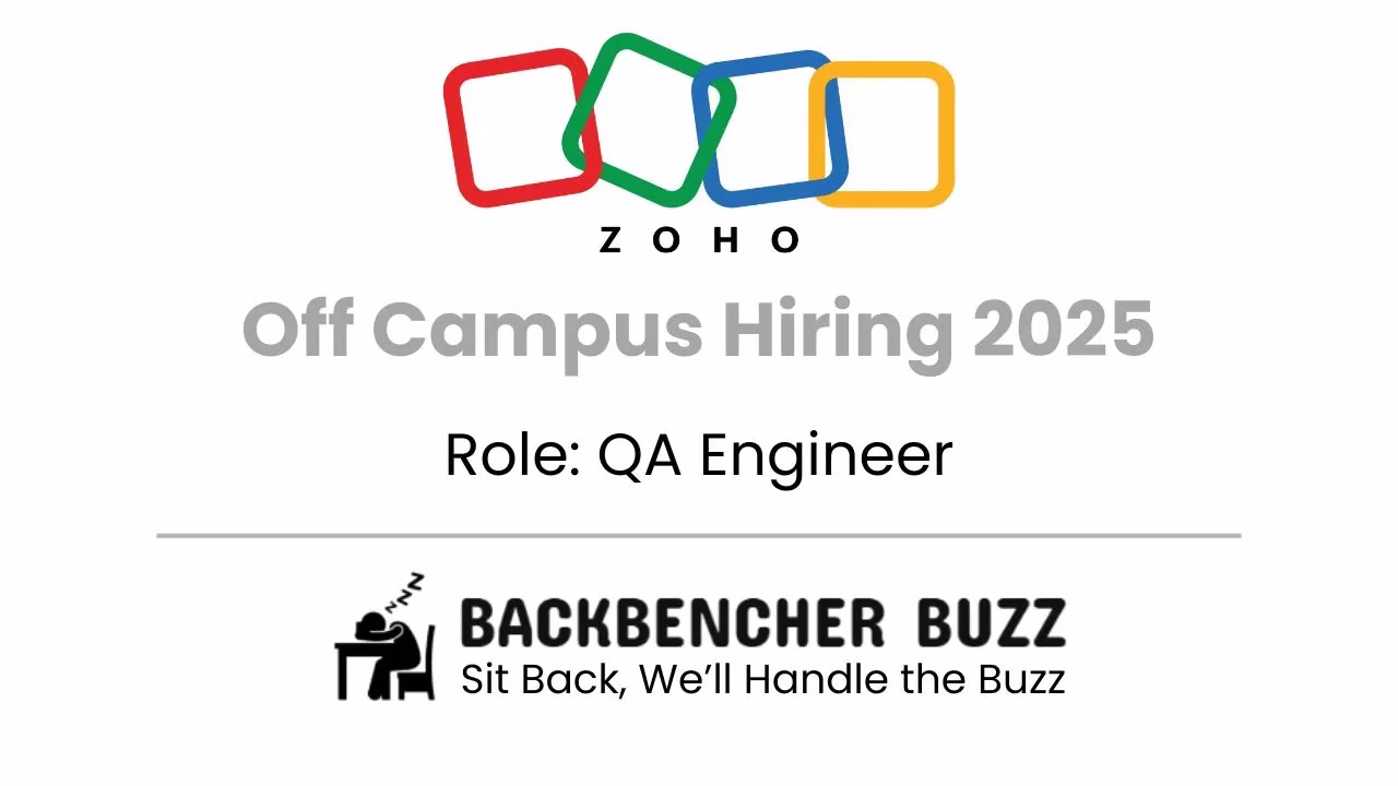 Zoho Off Campus Hiring 2025 banner for QA Engineer roles with Backbencher Buzz logo and tagline.