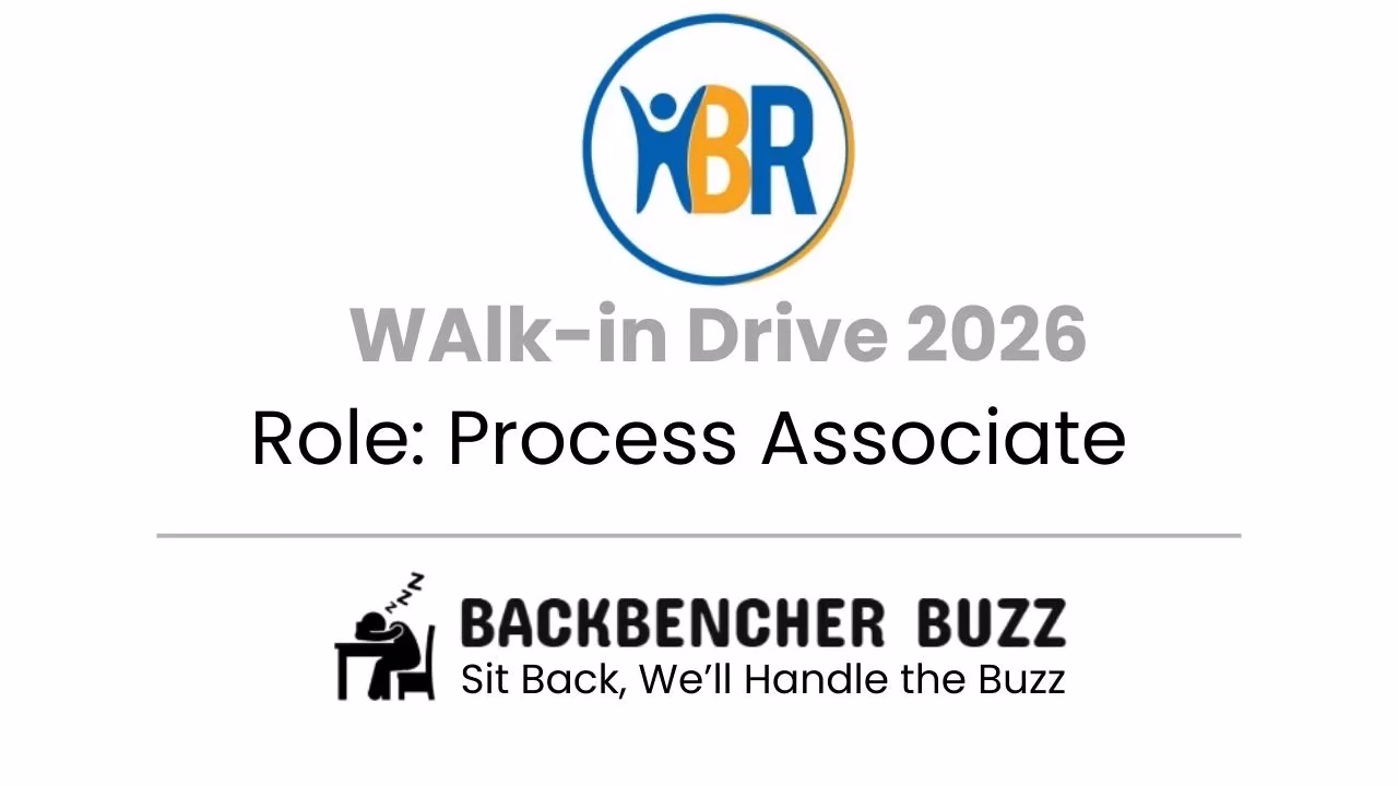 HBR Walk-in Drive 2026 banner highlighting Process Associate role with Backbencher Buzz logo.