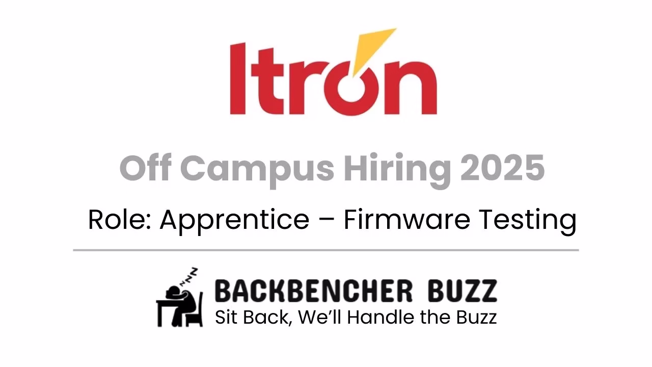 Itron Off Campus Hiring 2025 banner for Apprentice – Firmware Testing with Backbencher Buzz logo.