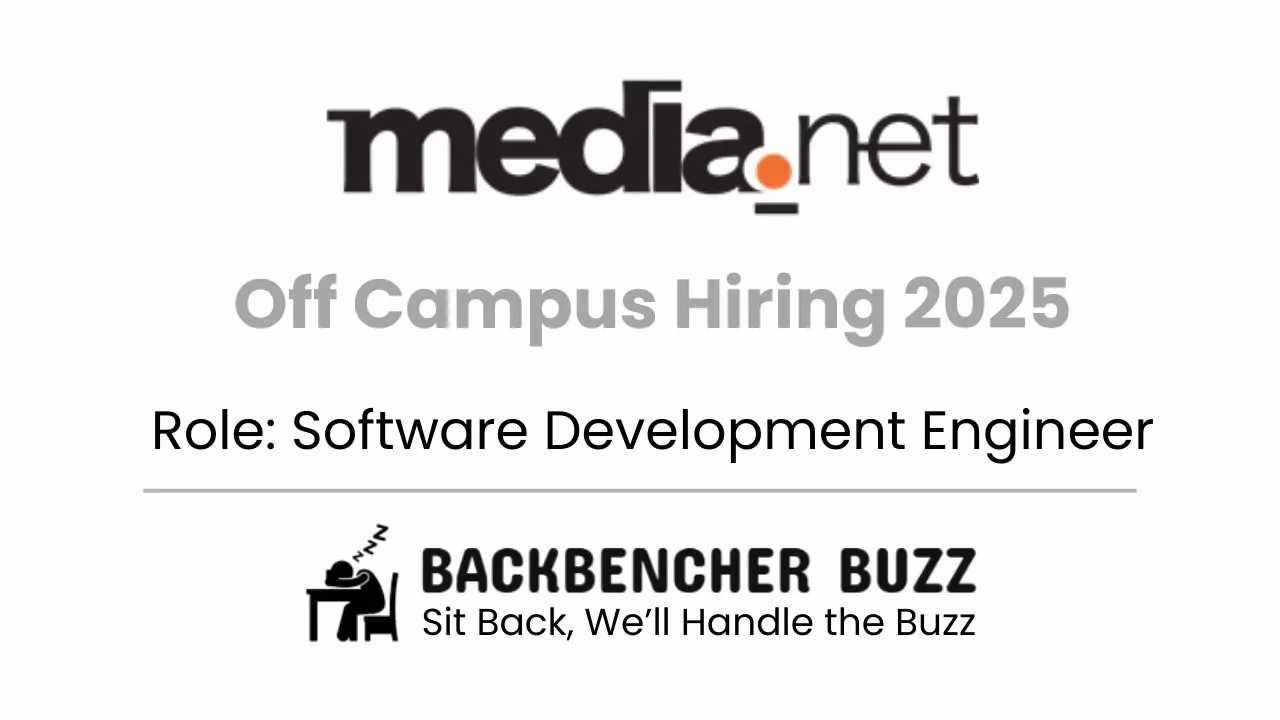 Graphic announcing Media.net Off Campus Hiring 2025 for Software Development Engineer with Backbencher Buzz logo.