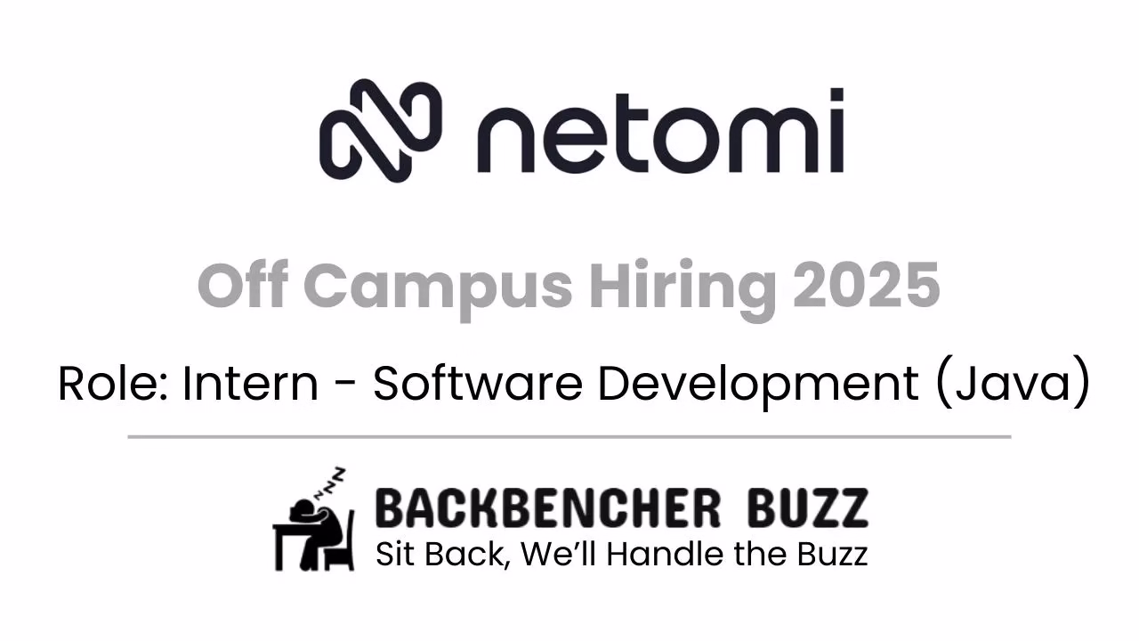 Netomi Off Campus Hiring 2025 banner for Intern – Software Development (Java) with Backbencher Buzz logo.