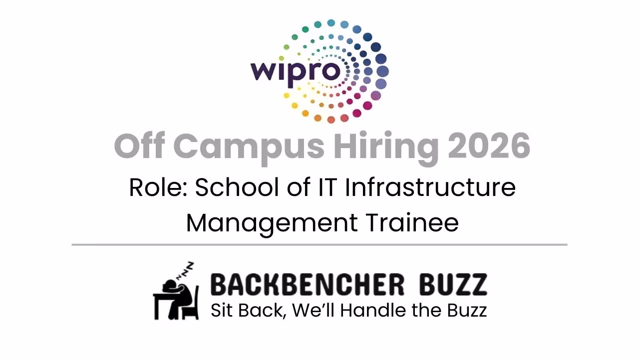 Wipro Off Campus Hiring 2026 banner for School of IT Infrastructure Management Trainee with Backbencher Buzz branding.