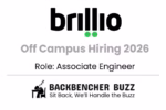 Brillio Off-Campus Hiring 2026 poster showing Associate Engineer role with Backbencher Buzz branding and recruitment tagline.