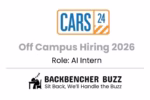 CARS24 Off Campus Hiring 2026 banner for AI Intern position with Backbencher Buzz branding.