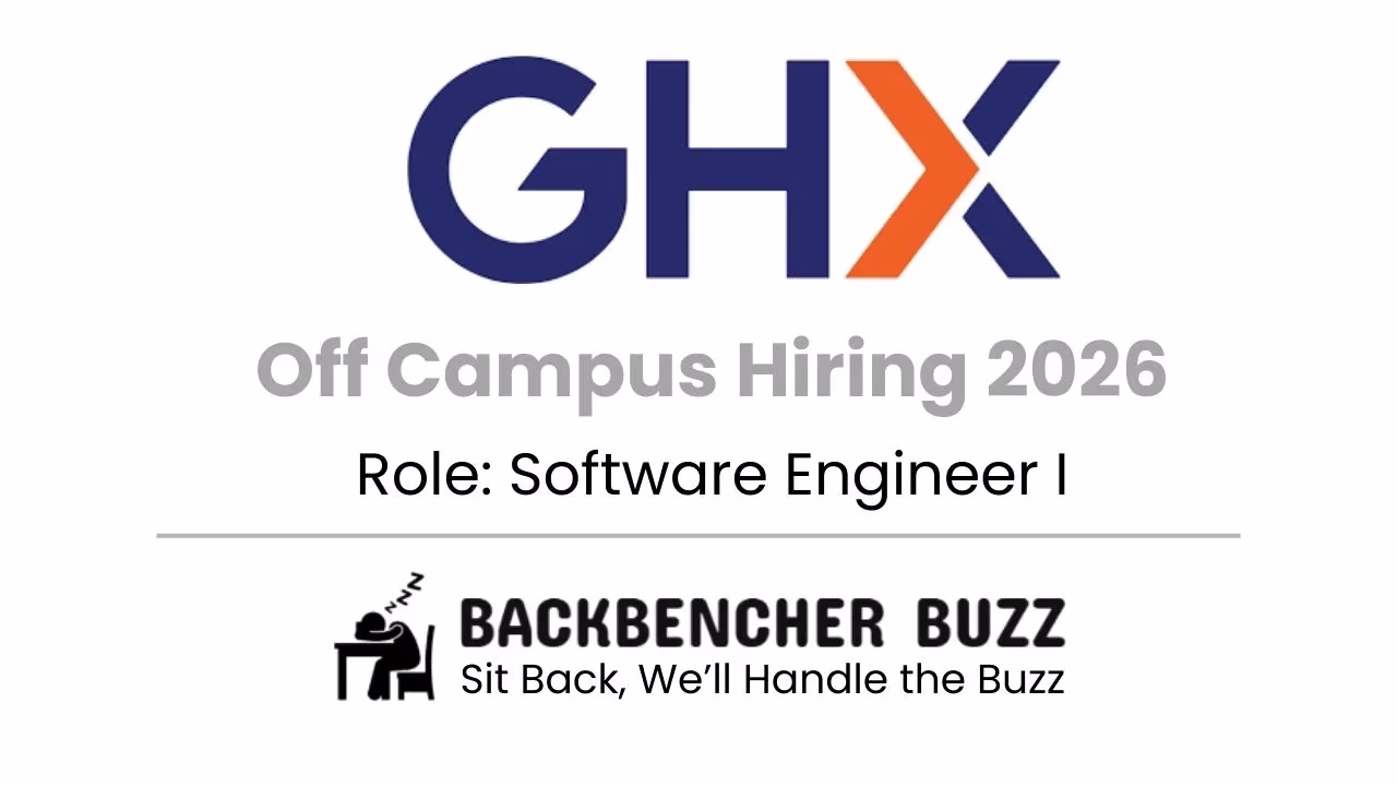 GHX Off Campus Hiring 2026 banner highlighting Software Engineer I role with Backbencher Buzz branding.