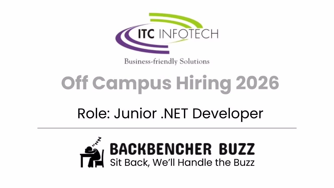 ITC Infotech Off-Campus Hiring 2026 poster for Junior .NET Developer with BackBencher Buzz branding.